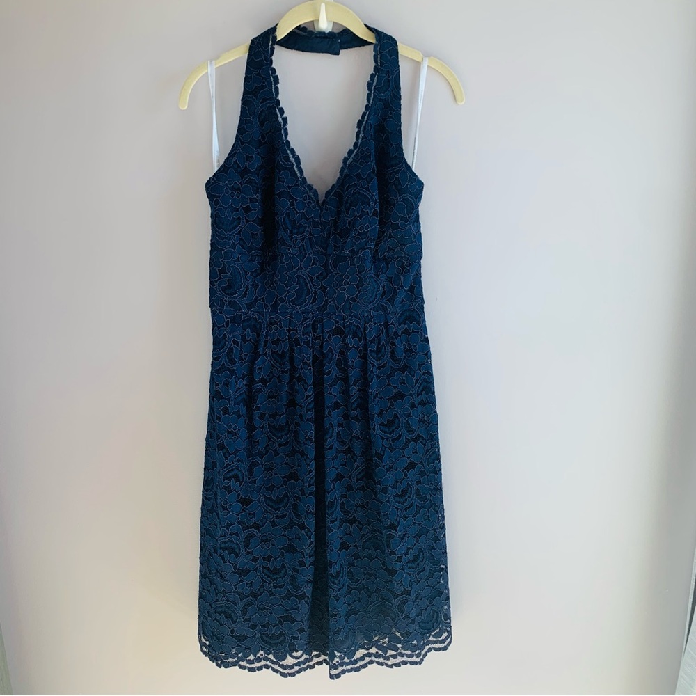 Davids Bridal Dress Navy Floral Lace Halter Short Bridesmaid Formal Size 10